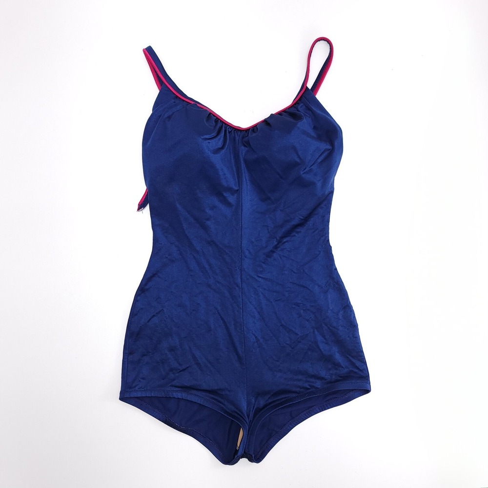 DeWeese Design‎ Vintage One Piece Swimsuit Blue Pink Trim Retro Boy Leg Small